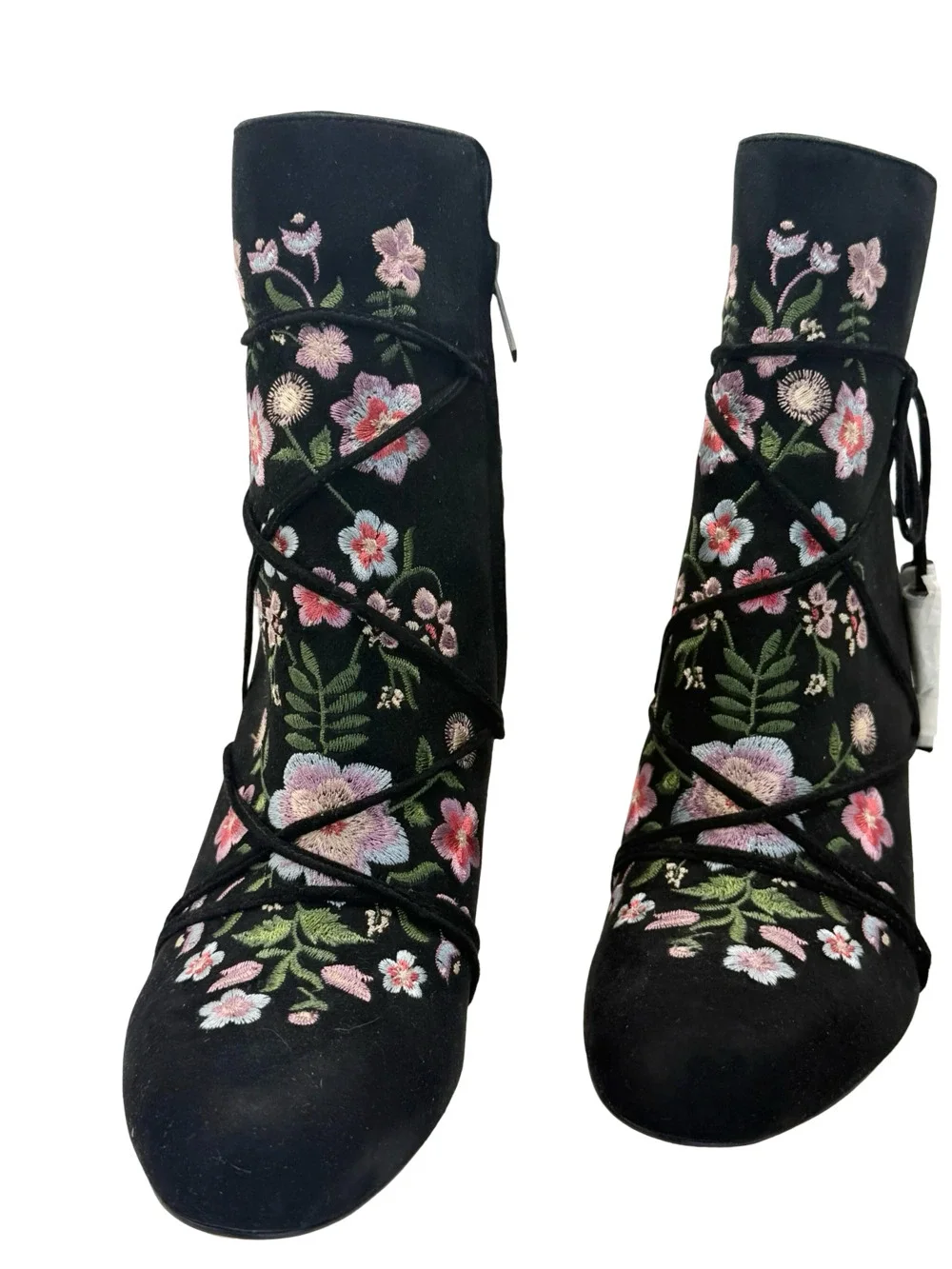 Sam Edelman Floral Embroidered Suede Lace-Up Block Heel Ankle Boots